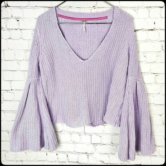 FREE PEOPLE Damsel Purple Lavender Bell Sleeve Cozy Warm Pullover Sweater XSmall - Picture 2 of 6